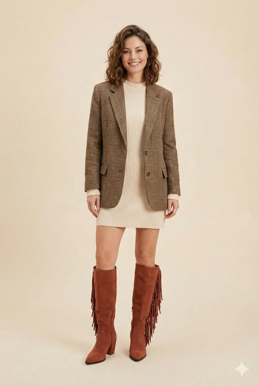 Woman wearing plaid blazer, cream sweater dress, and brown fringe knee-high boots.