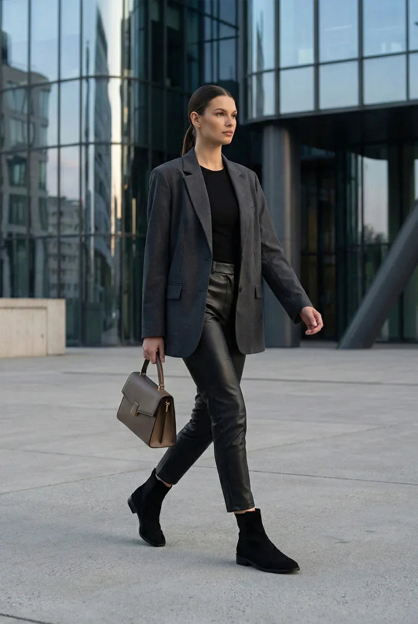 Woman in black blazer and leather pants walking outside modern glass building, holding handbag