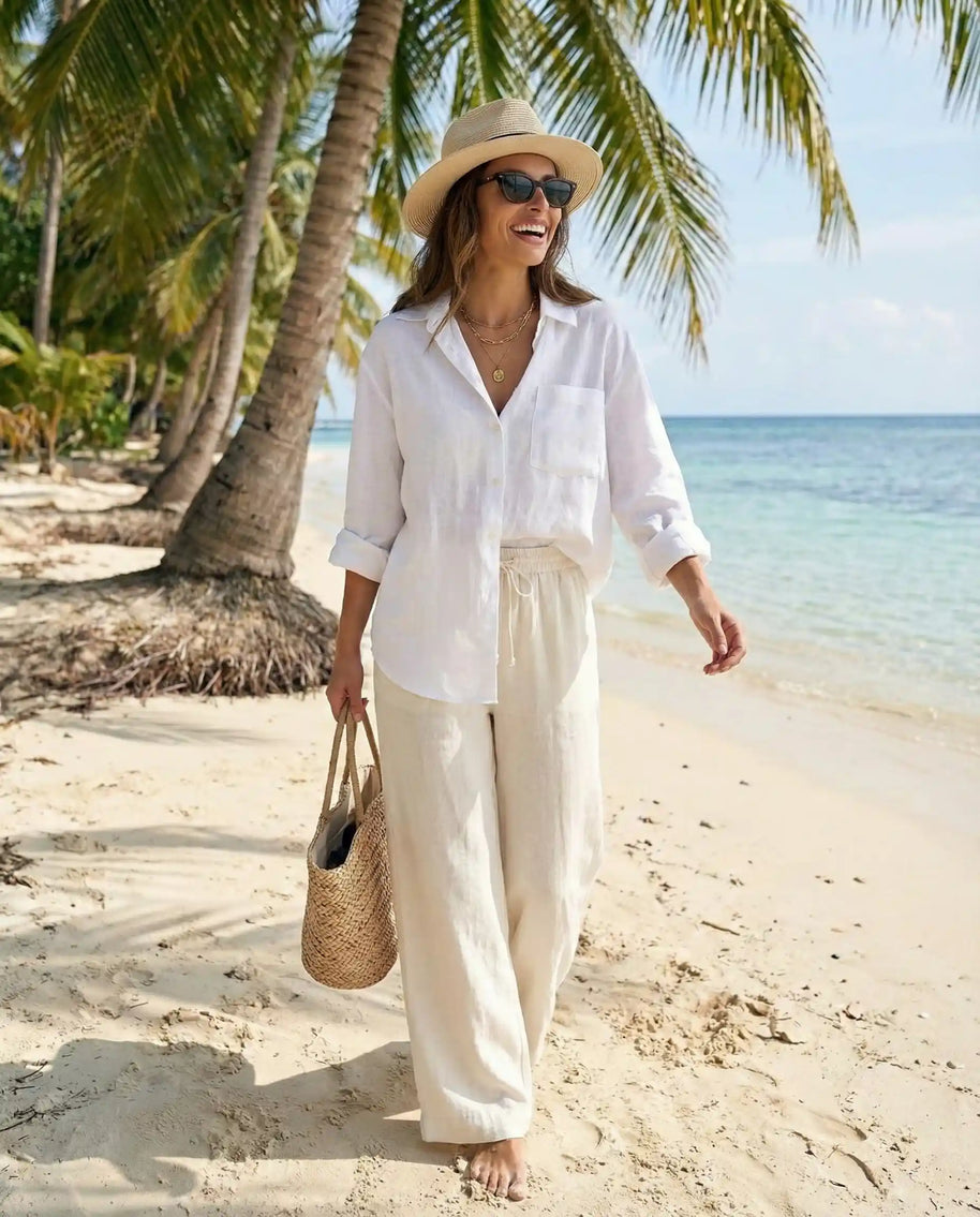 Woman in white linen outfit, straw hat, and sunglasses walking on tropical beach with palm trees