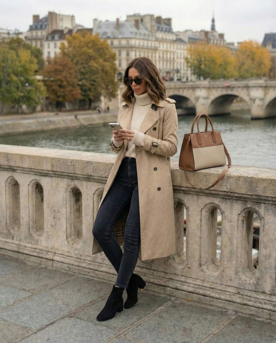 Woman in beige trench coat, turtleneck sweater, and sunglasses standing by riverside with handbag