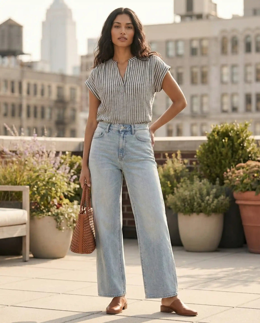 Woman wearing striped short sleeve blouse and high-waisted light wash jeans holding brown tote