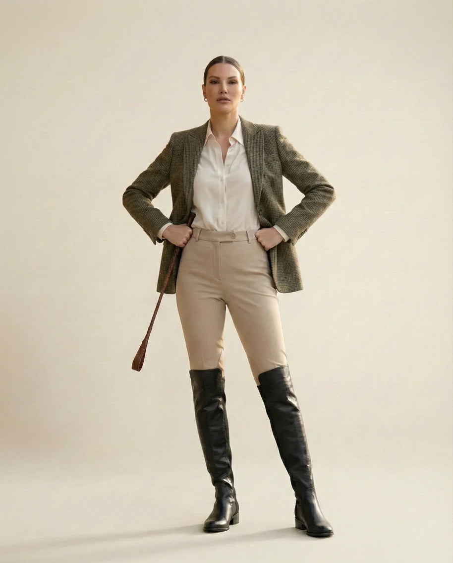 Woman modeling equestrian outfit with tweed blazer, beige riding pants, and tall black boots