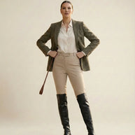 Woman modeling equestrian outfit with tweed blazer, beige riding pants, and tall black boots