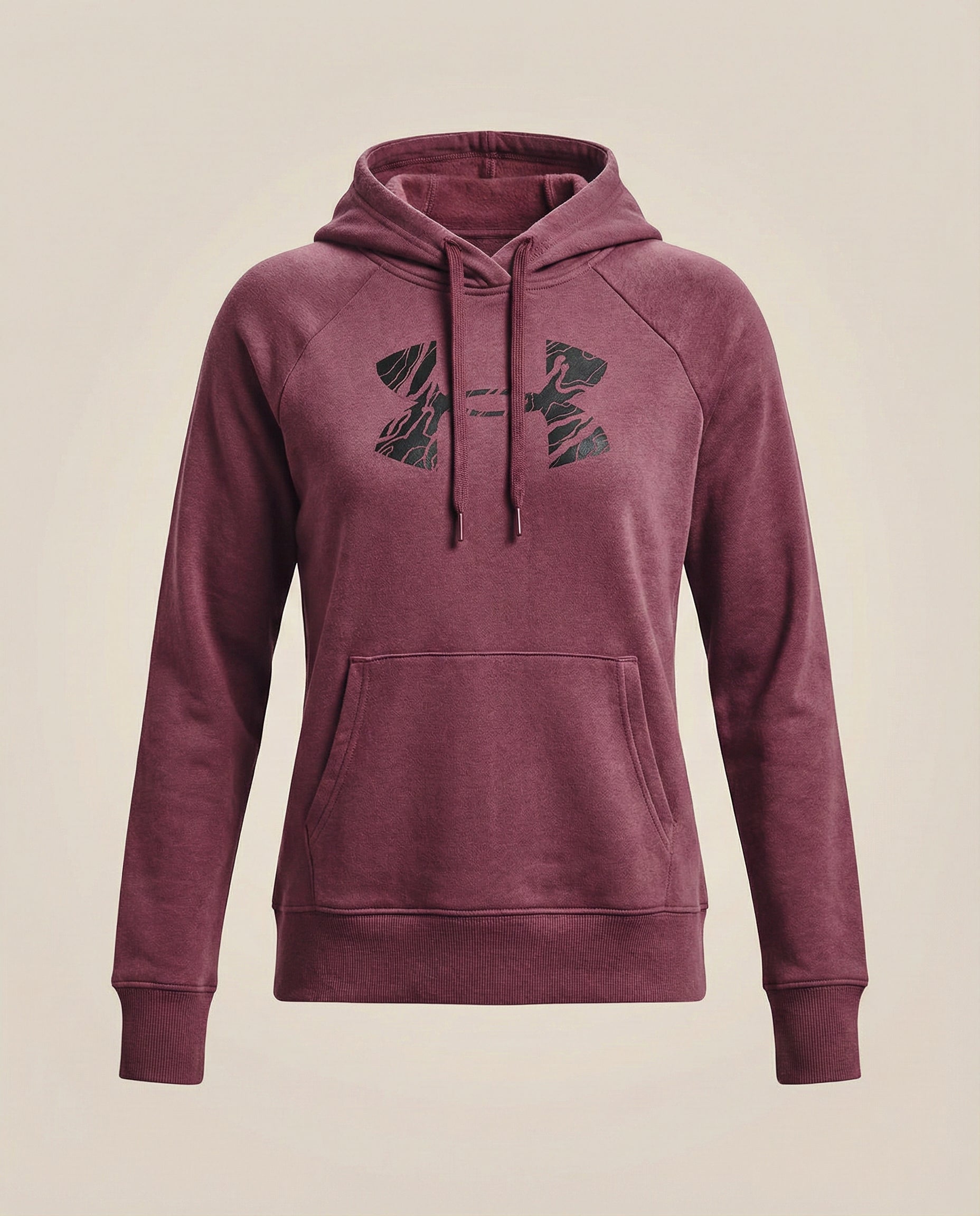 Burgundy women's hoodie with camouflage logo and front pocket on neutral background