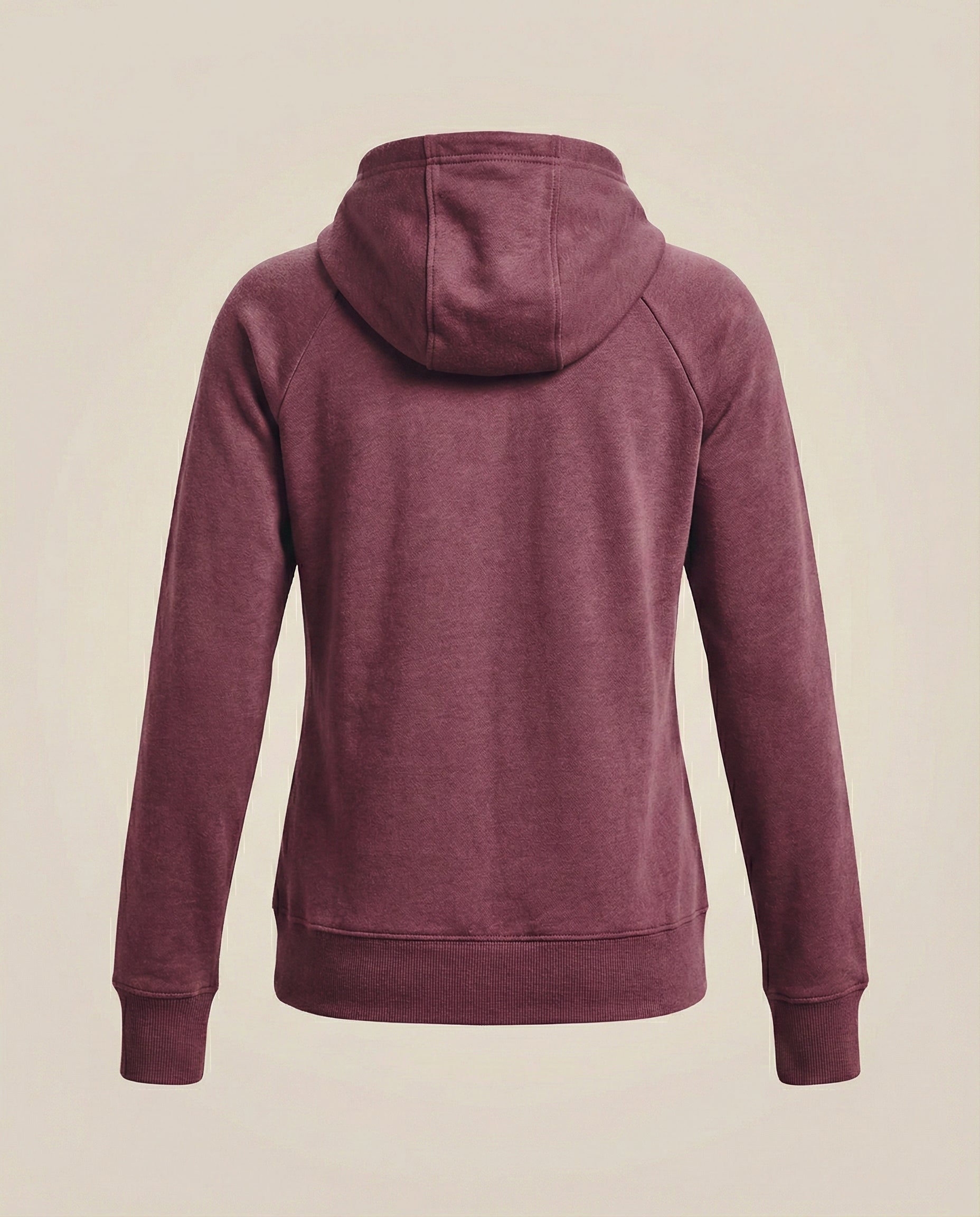 Back view of a maroon hooded sweatshirt with long sleeves on a plain background