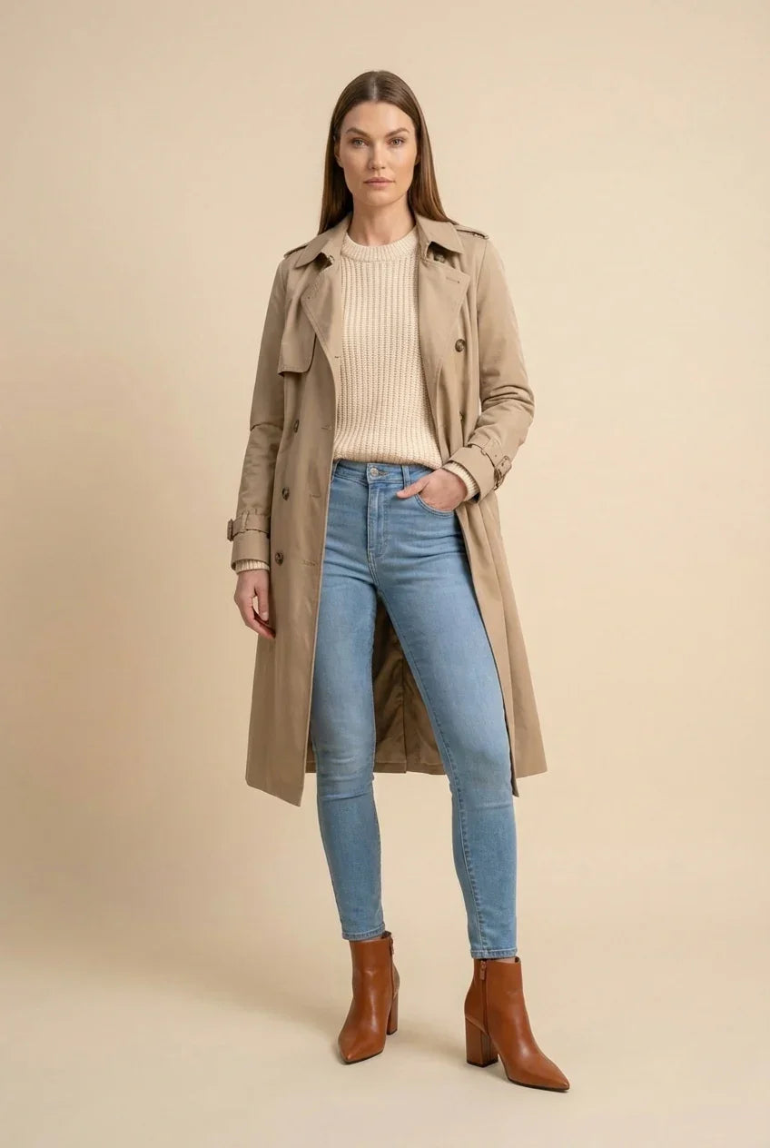 Woman wearing a beige trench coat, knit sweater, blue skinny jeans, and brown ankle boots