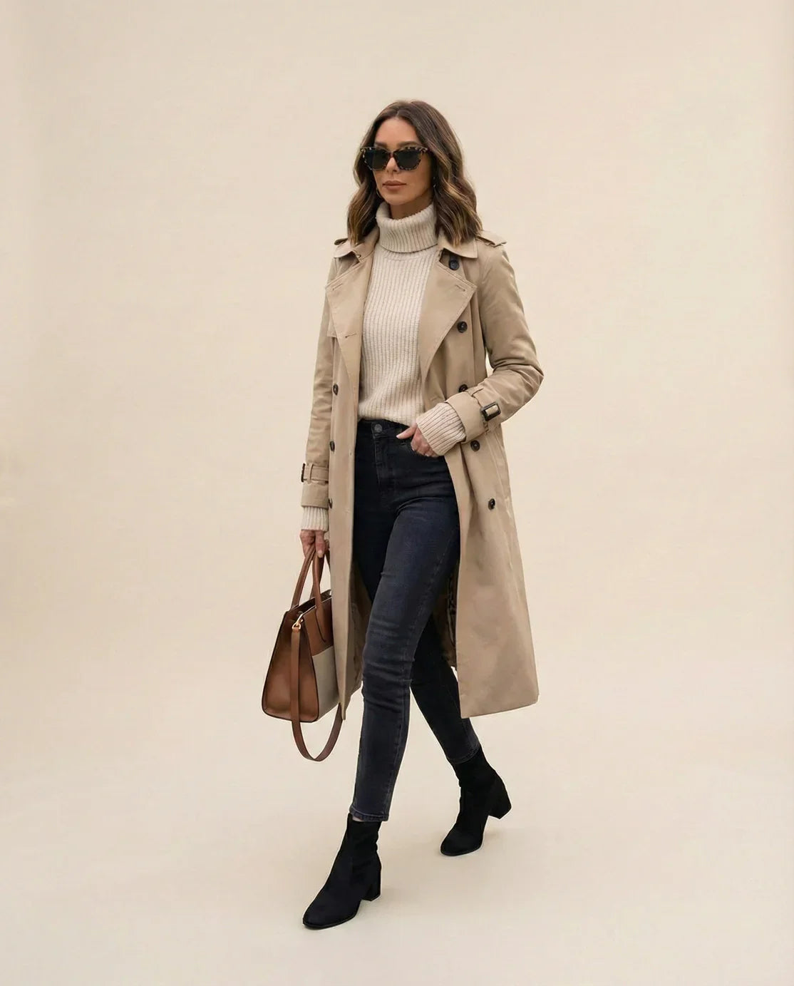 Woman in beige trench coat, turtleneck sweater, skinny jeans, and ankle boots holding handbag