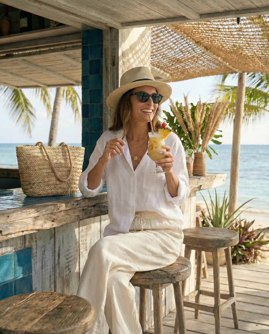 Woman in sun hat and sunglasses relaxing at beach bar, holding tropical drink, straw bag on counter