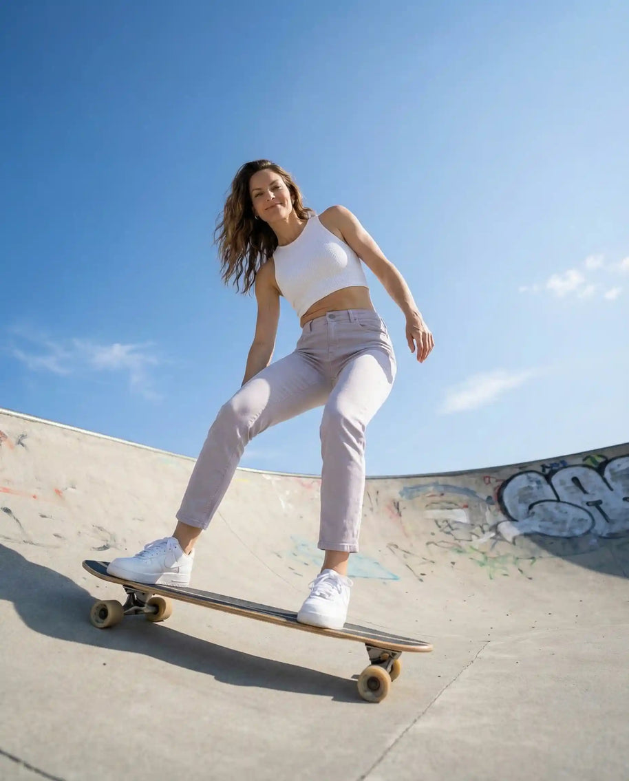 Woman skateboarding in a skatepark on a sunny day, wearing white tank top and light pants