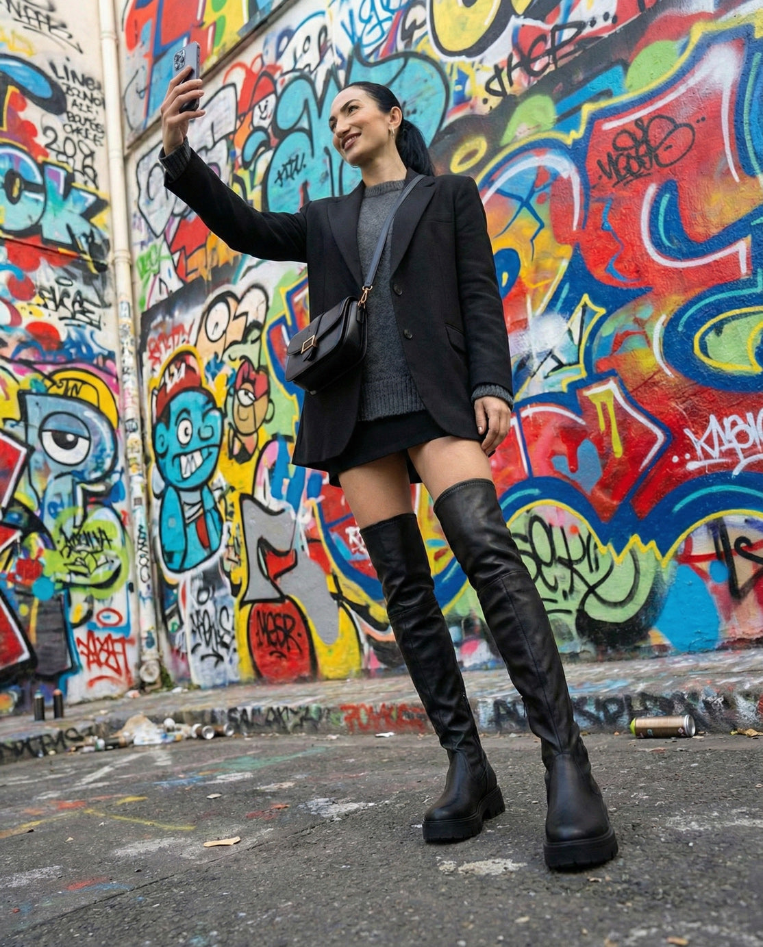 Woman taking selfie in front of vibrant graffiti wall, wearing black blazer and thigh-high boots