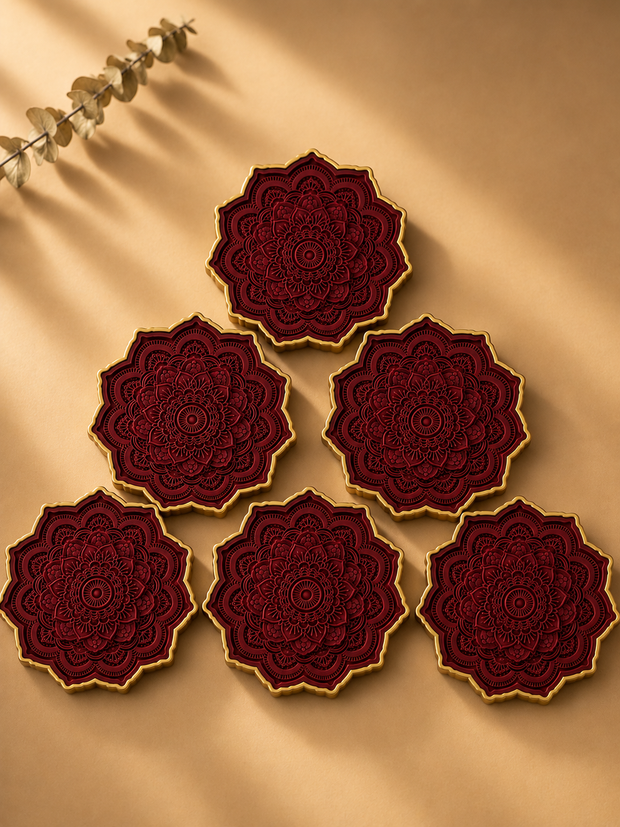 Antique Arch Handmade Porcelain Coasters – Burgundy & Gold (Set of 6)