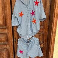 By Rita Raphael Blue Short Linen Set