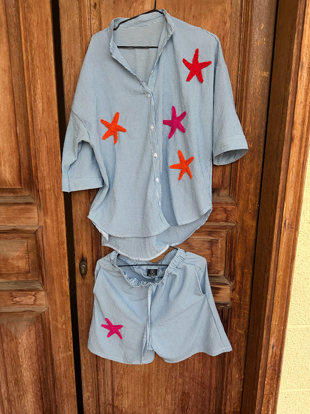 By Rita Raphael Blue Short Linen Set