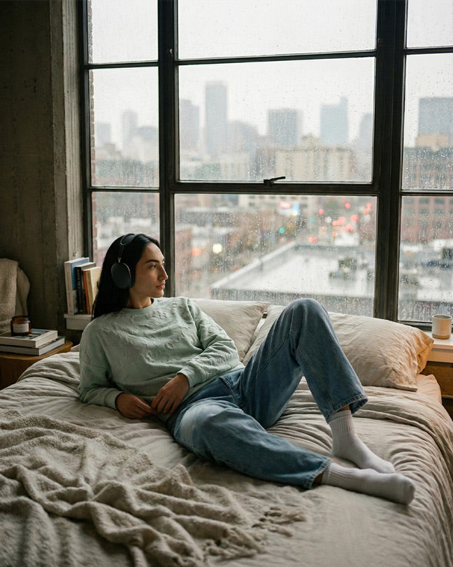 Woman relaxing on bed with headphones in cozy apartment, large window, rainy city view
