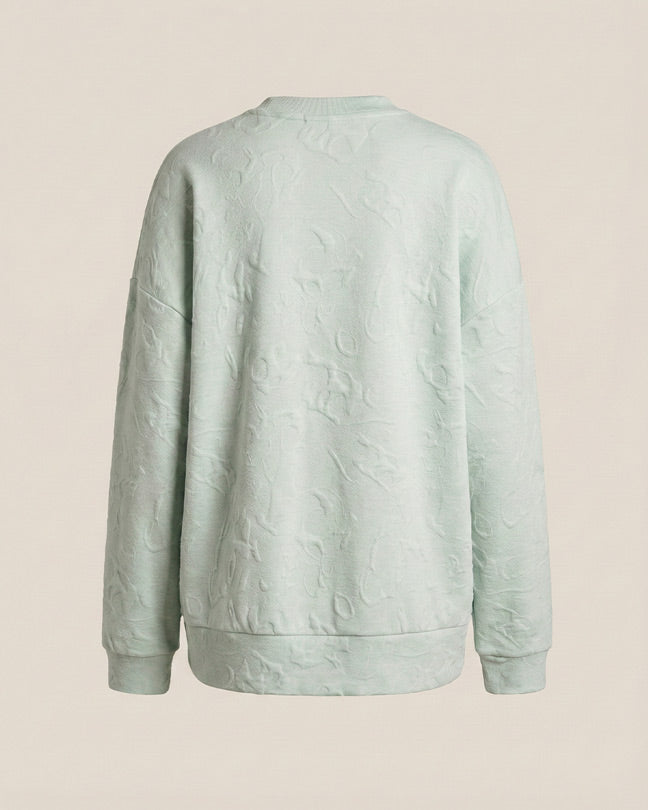 Light mint green embossed crewneck sweatshirt, back view, textured fabric