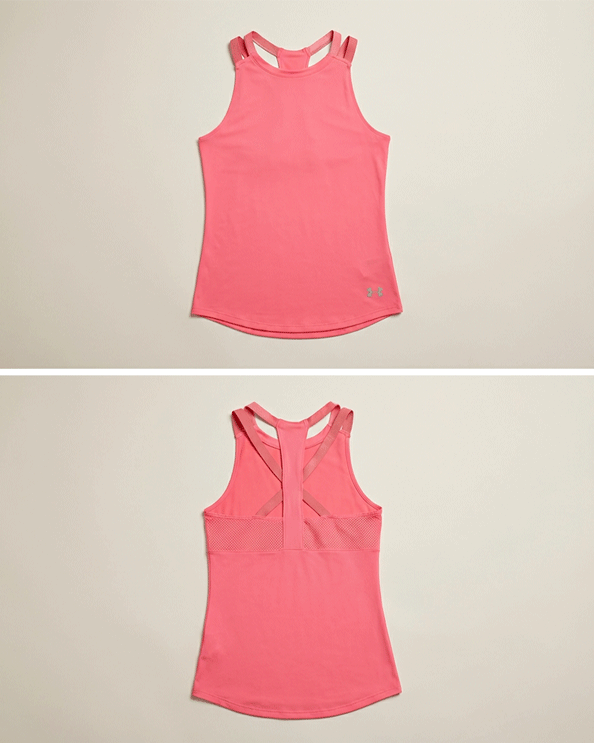 Magenta athletic tank top with racerback and mesh strap details, front and back views
