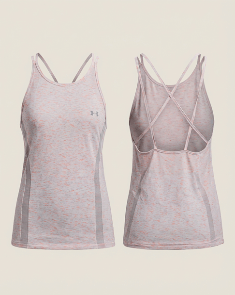 Light pink women’s athletic tank top with racerback and strappy back design, front and back views.