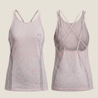 Light pink women’s athletic tank top with racerback and strappy back design, front and back views.