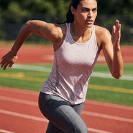 Woman running on outdoor track wearing light pink athletic tank top and gray leggings