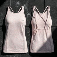 Light pink women’s athletic tank tops with racerback and crisscross straps, front and back view.
