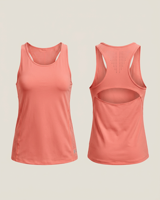 Women's peach athletic tank top, front and back view, racerback, vented details