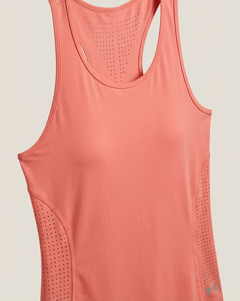 Salmon pink athletic tank top with perforated mesh panels and racerback design