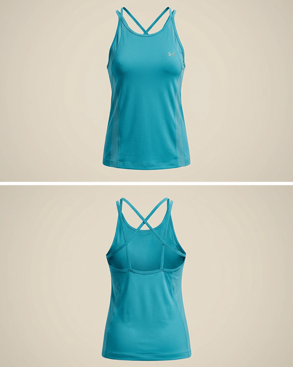 Turquoise women’s athletic tank top with racerback and thin cross straps, front and back views