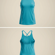 Turquoise women’s athletic tank top with racerback and thin cross straps, front and back views