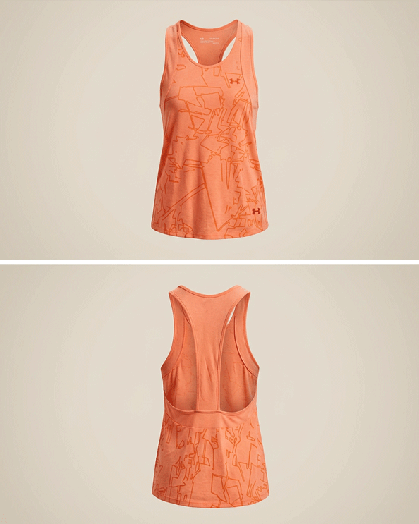 Orange patterned racerback tank top with abstract design, front and back view