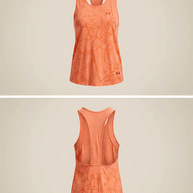 Orange patterned racerback tank top with abstract design, front and back view