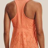 Back view of orange patterned racerback athletic tank top with abstract design