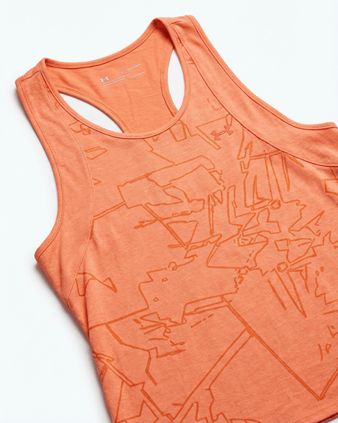 Orange athletic tank top with abstract pattern, sleeveless racerback design on white background
