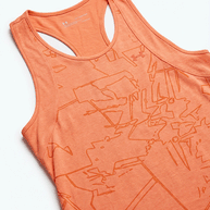 Orange athletic tank top with abstract pattern, sleeveless racerback design on white background