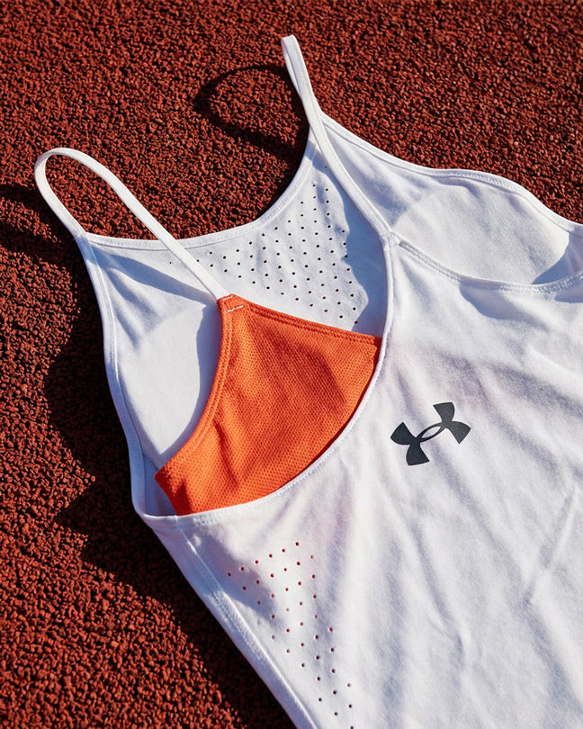 White athletic tank top with orange asymmetric design and perforated details on textured ground