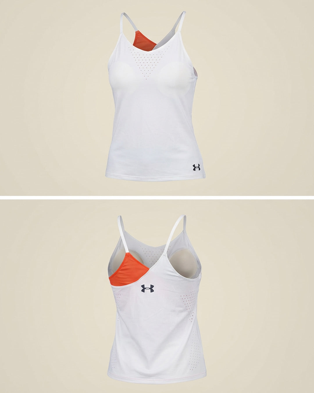 White athletic tank top with orange asymmetric design, thin straps, vented details, front and back view