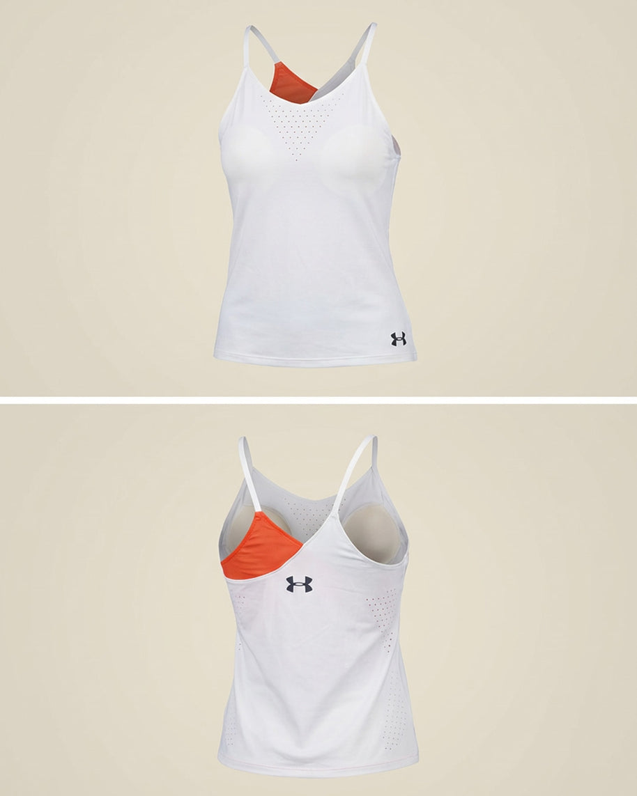 White athletic tank top with orange asymmetric design, thin straps, vented details, front and back view