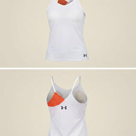 White athletic tank top with orange asymmetric design, thin straps, vented details, front and back view