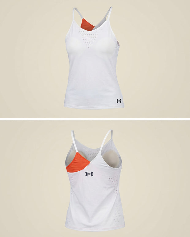 White athletic tank top with orange asymmetric design, thin straps, vented details, front and back view