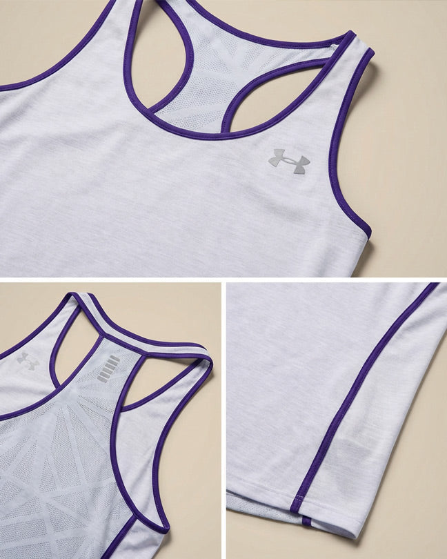 Light blue athletic tank top with purple trim and mesh back panel, close-up details shown.