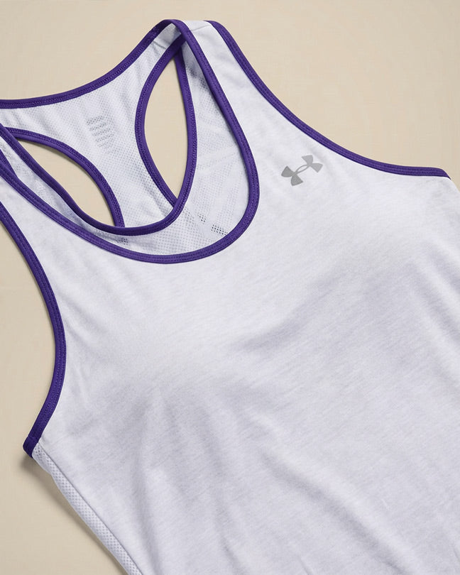 Light blue athletic tank top with purple trim and mesh racerback detail