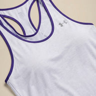 Light blue athletic tank top with purple trim and mesh racerback detail