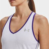 Woman wearing a light blue athletic tank top with purple trim and mesh fabric