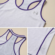 Light blue athletic tank top with purple trim and mesh back panel, close-up details shown.