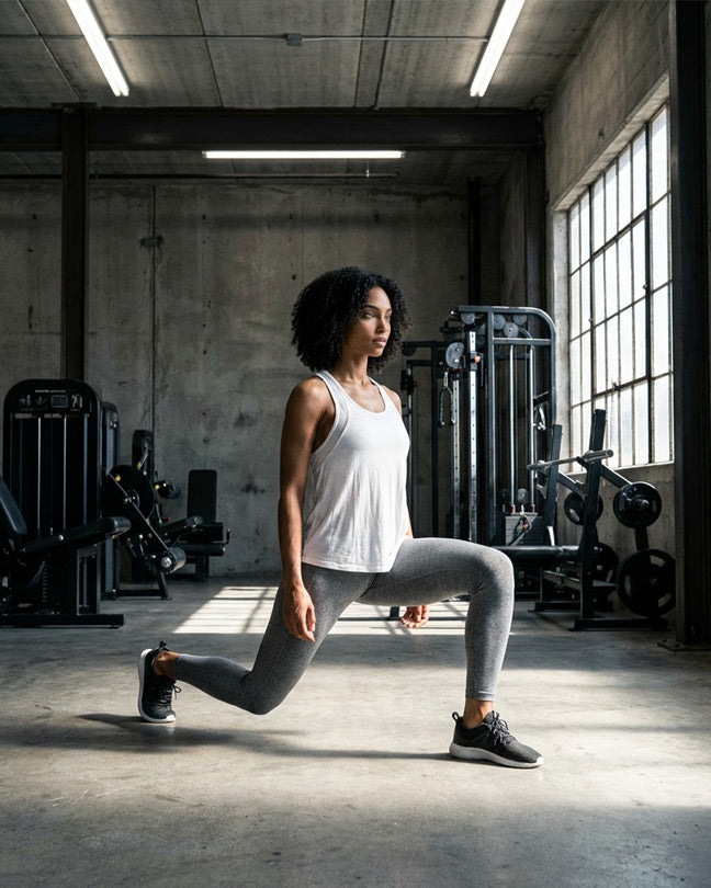 Woman doing lunges in gym wearing white tank top and gray leggings, fitness workout