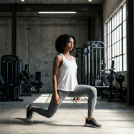 Woman doing lunges in gym wearing white tank top and gray leggings, fitness workout