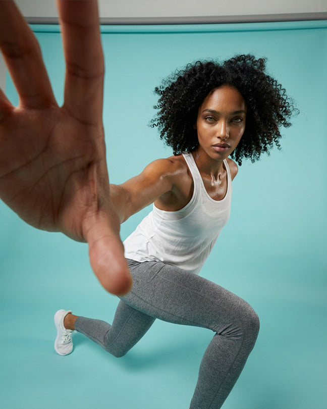 Woman in athletic white tank top and gray leggings posing in active lunge on blue background