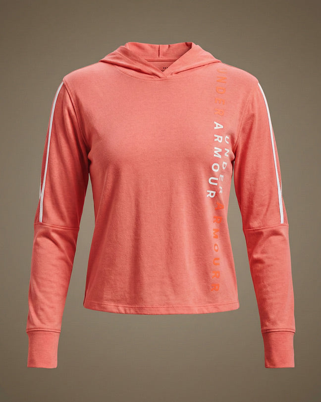 Coral pink long sleeve hoodie with vertical UNDER ARMOUR logo and white stripe accents