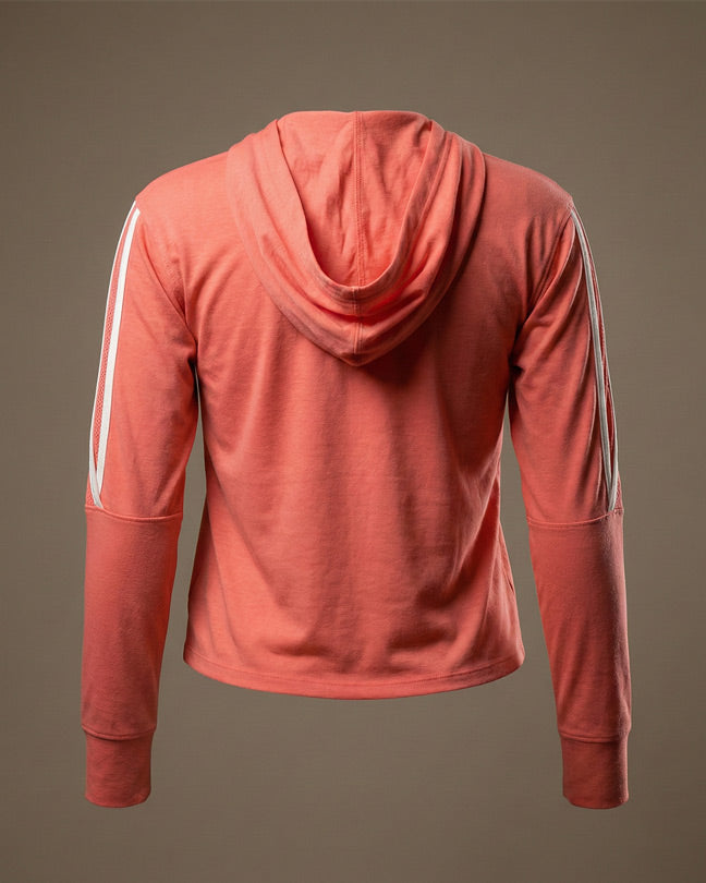 Coral pink hooded sweatshirt with white stripes on sleeves, back view, plain background