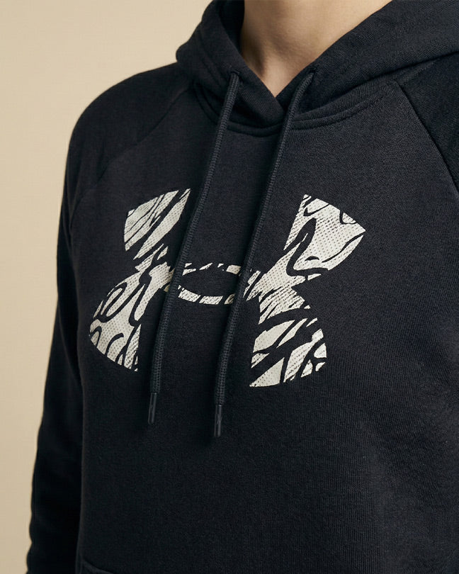 Black hoodie with large abstract white graphic logo on chest, drawstring hood visible