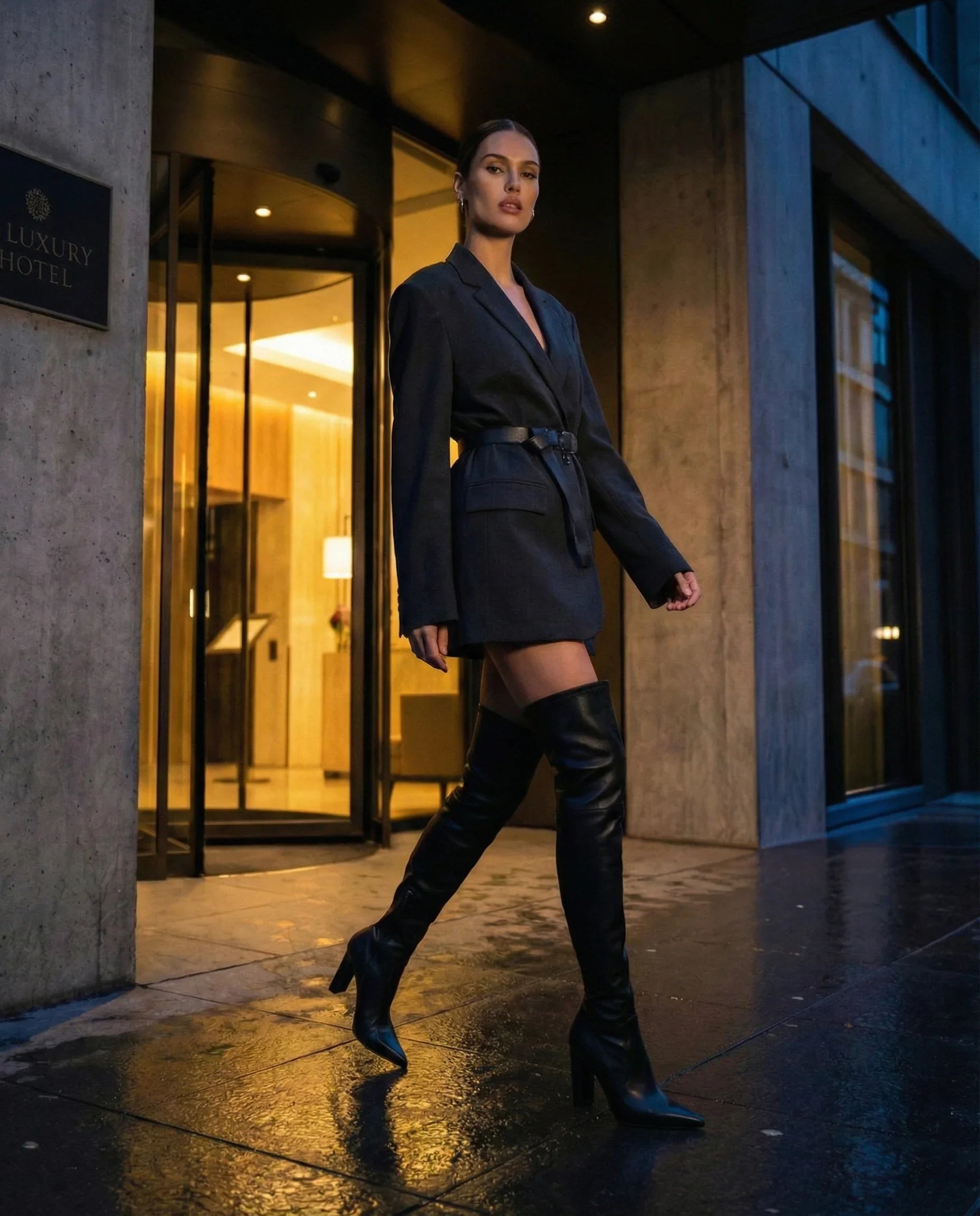 Woman in a belted blazer and thigh-high black boots standing outside a luxury hotel entrance.